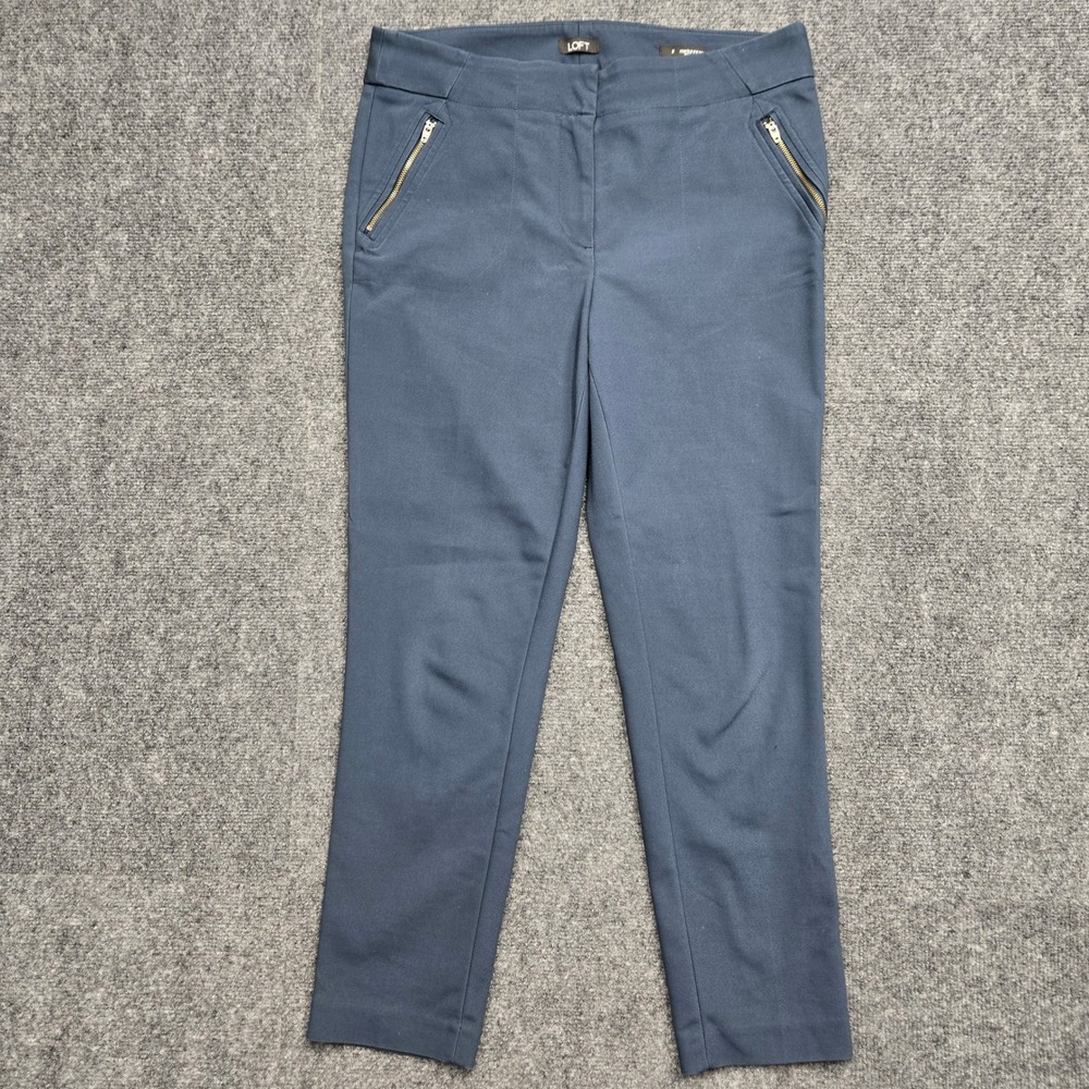 Loft Marisa Skinny Ankle Pants Navy Blue Gold Zip Pockets Womens Size 8 W34